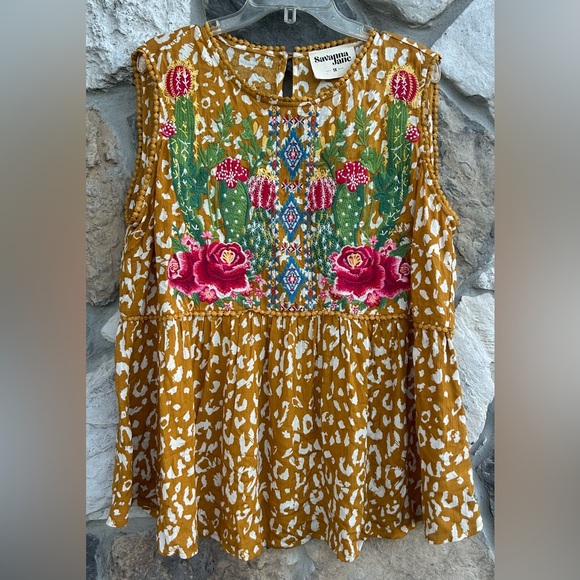 Savanna Jane Tops - Savanna Jane Blouse Size 1X Embroidered Babydoll Top Boho Western Aztec Cactus